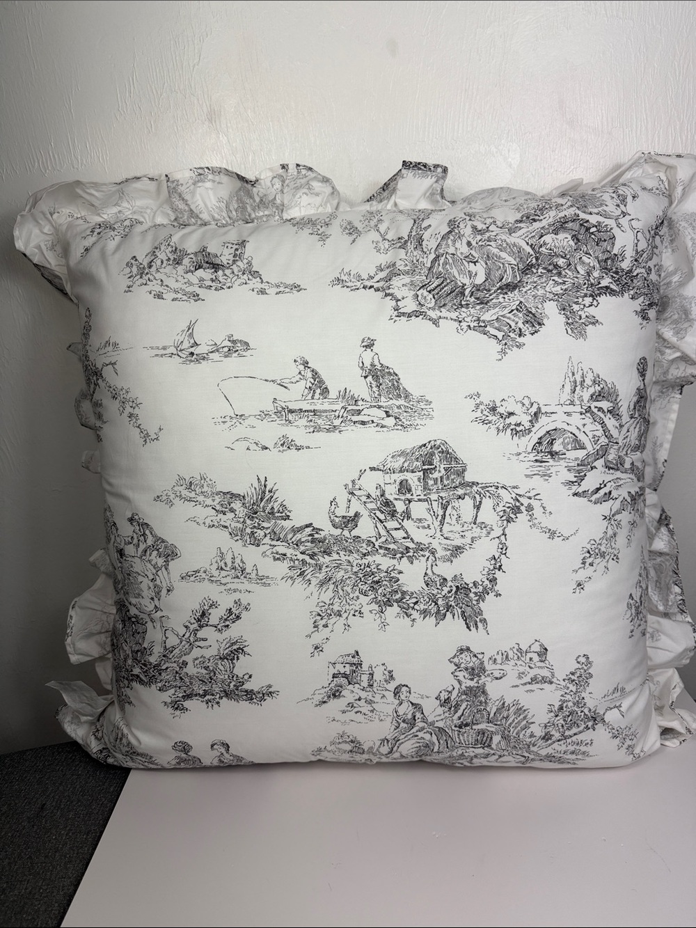 Cabbages & Roses London Black White Toile Ruffle Pillow 24.5” - Picture 4 of 5